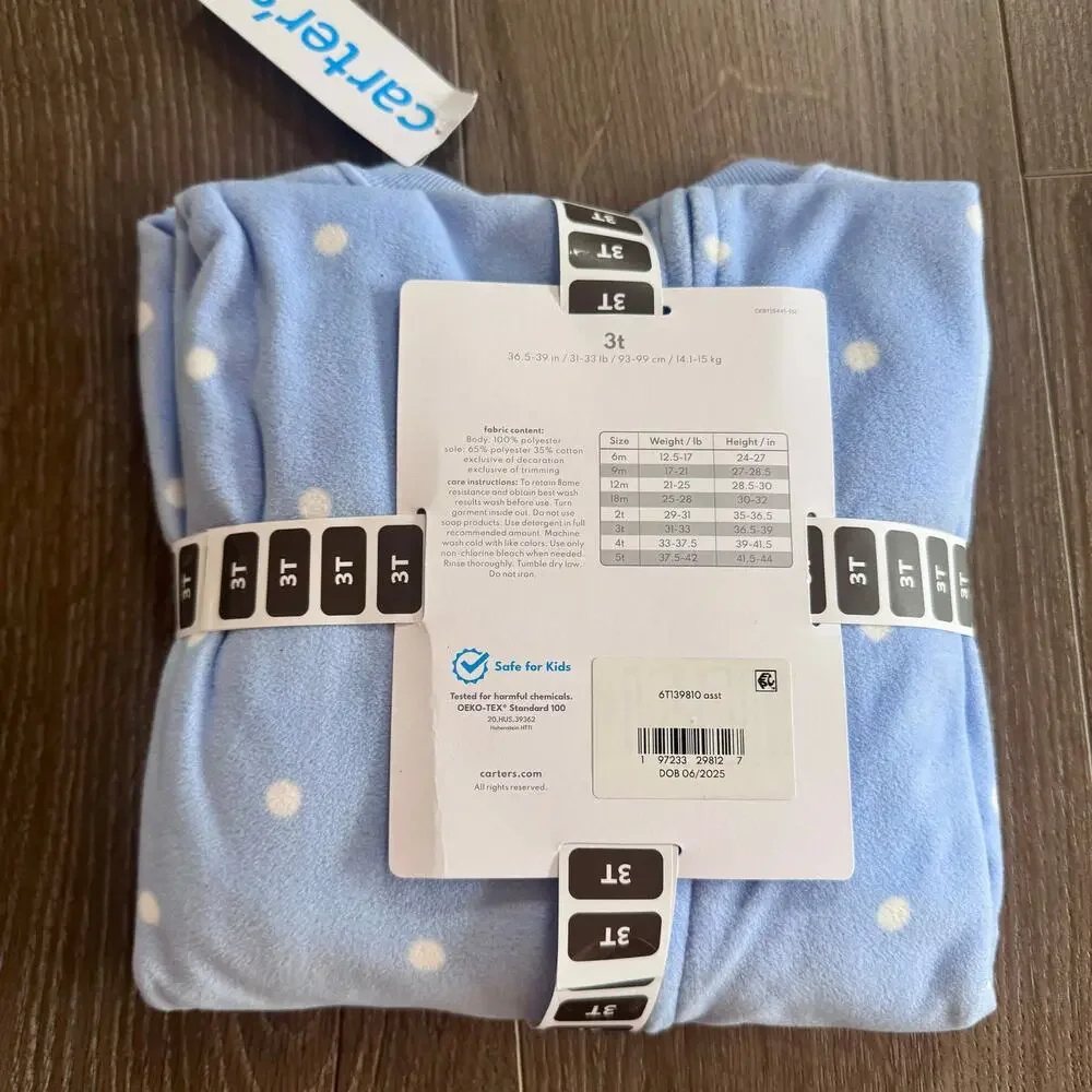 Carters Fleece Footed Pajamas One Piece Zip Sleepwear Polka Dot Blue Heart Sz 3T